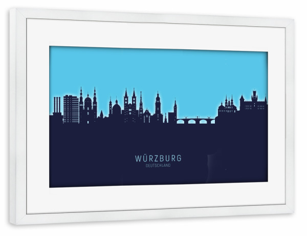 Poster mit Rahmen weiß "Würzburg Skyline Glow Blue" artboxONE - Städte