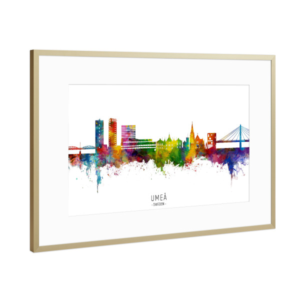 Poster mit Rahmen Gold "Umeå Sweden Skyline txt" artboxONE - Städte