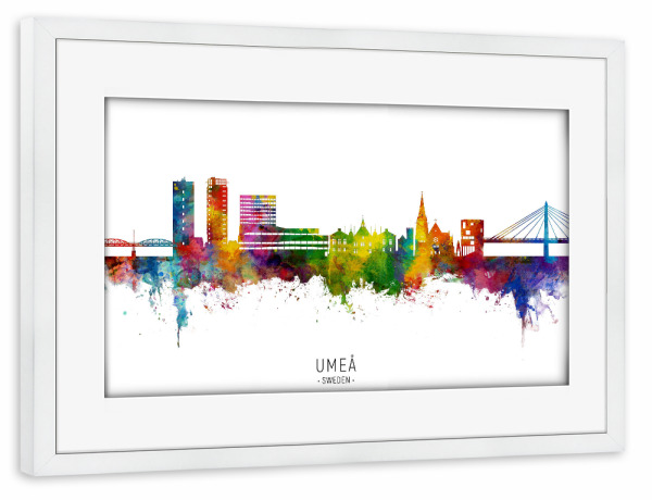 Poster mit Rahmen weiß "Umeå Sweden Skyline txt" artboxONE - Städte