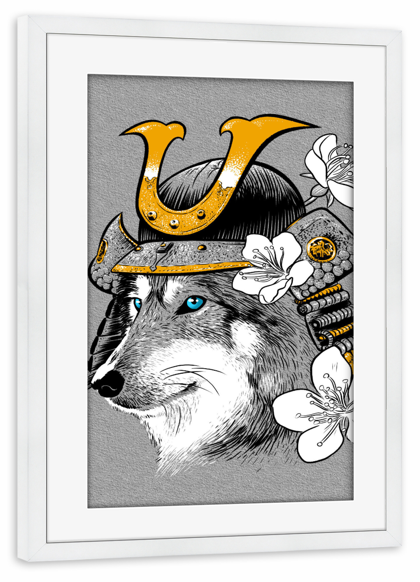 Poster mit Rahmen weiß "Samurai Wolf" artboxONE - Tiere,Fiktion - Animal,Dog,Savage,Wolf,Samurai,Japanese,Asian,Warrior,Tier,Hund,Asia,Japan