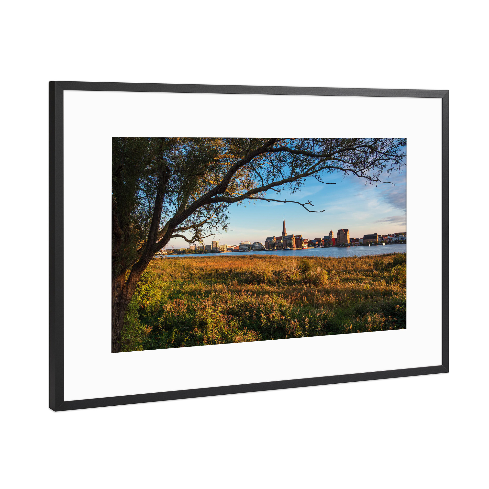 Poster mit Rahmen Schwarz (Metallic) "Baum und Schilf in Rostock" artboxONE - Natur,Reise,Architektur,Städte / Weitere