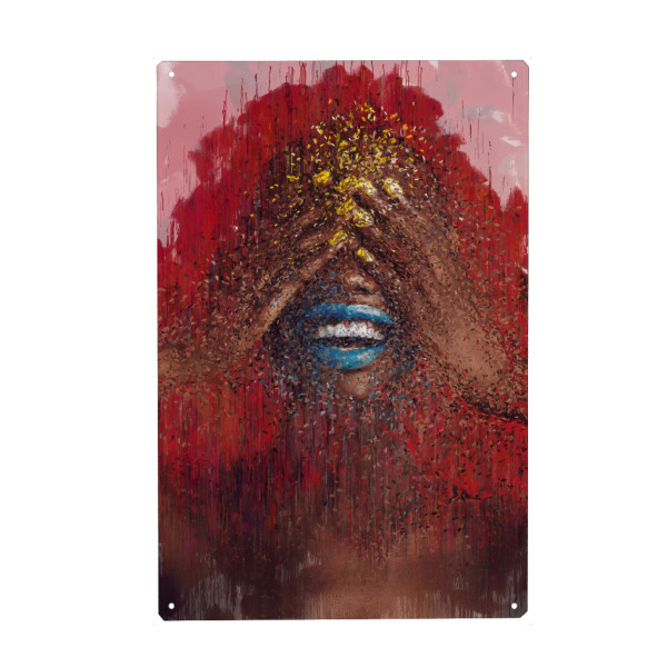 Holzbild "Contagious Joy" artboxONE - Abstrakt,Menschen - Black girl,Smile,Joy,Red,Impressionism,Girl,Woman,Frau,Black,Afrika,Africa