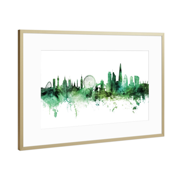 Poster mit Rahmen Gold "London England Skyline Green" artboxONE - Städte,Städte / London