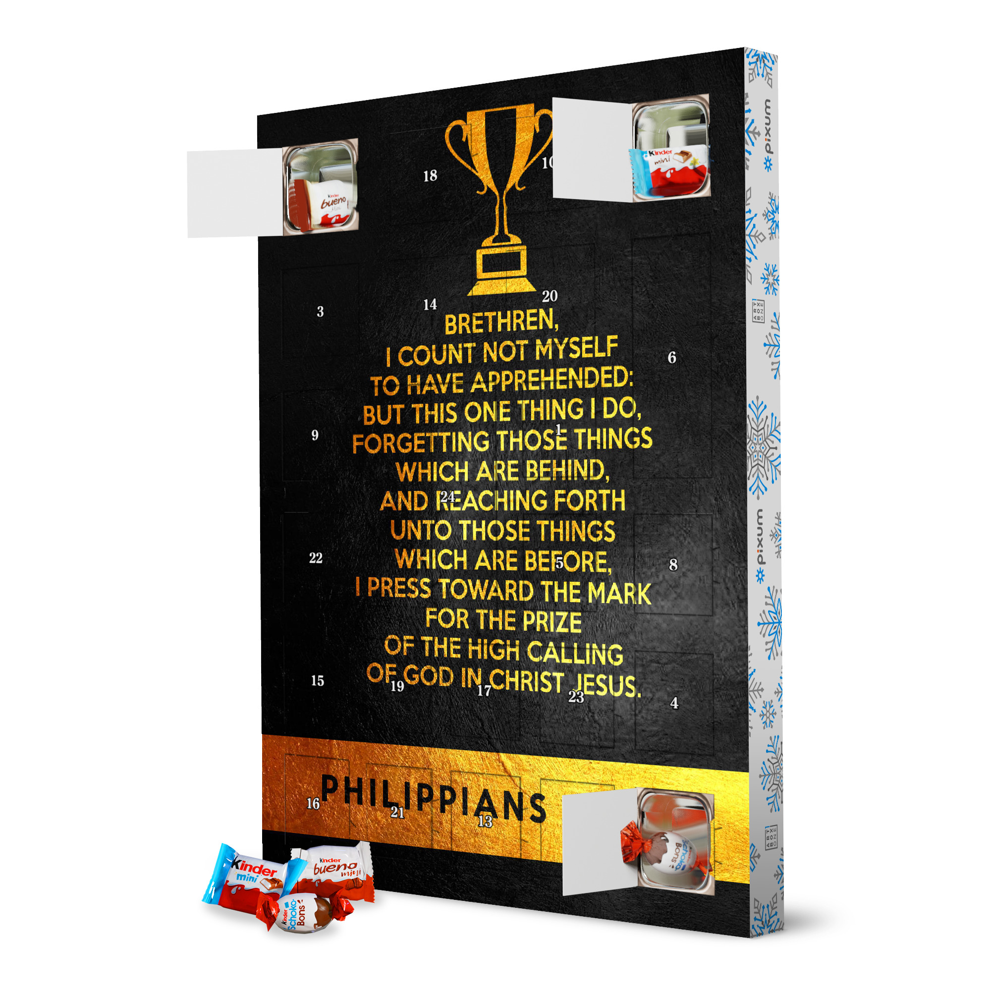 Adventskalender XXL mit Produkten von Kinder Philippinas 3:13-14 artboxONE Adventskalender Typografie