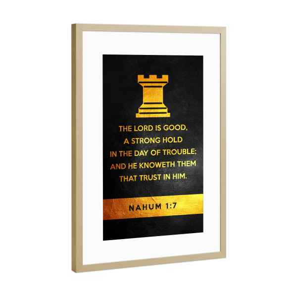 Poster mit Rahmen Gold "Nahum 1:7" artboxONE - Typografie