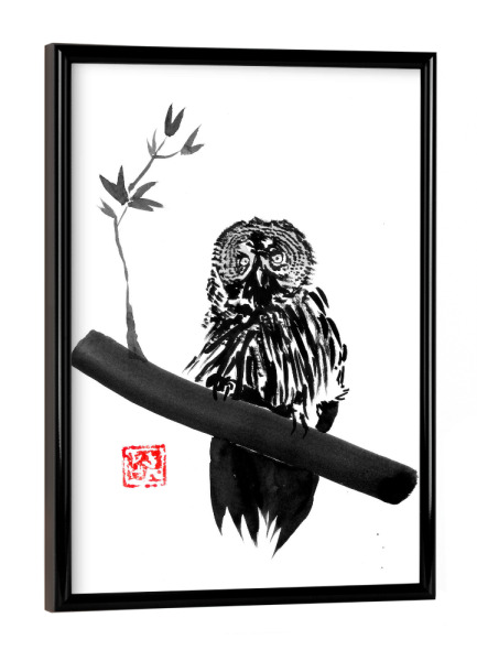 Poster mit schwarzem Rahmen "Owl on the branch" artboxONE - Natur,Tiere - Owl,Sumie,Japan,Eule,Natur,Nature,Schwarzweiß,Blackandwhite
