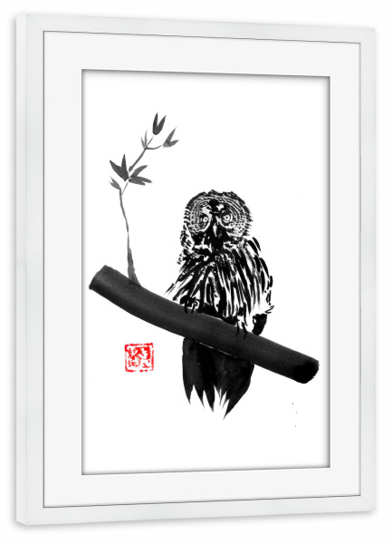 Poster mit Rahmen weiß "Owl on the branch" artboxONE - Natur,Tiere - Owl,Sumie,Japan,Eule,Natur,Nature,Schwarzweiß,Blackandwhite