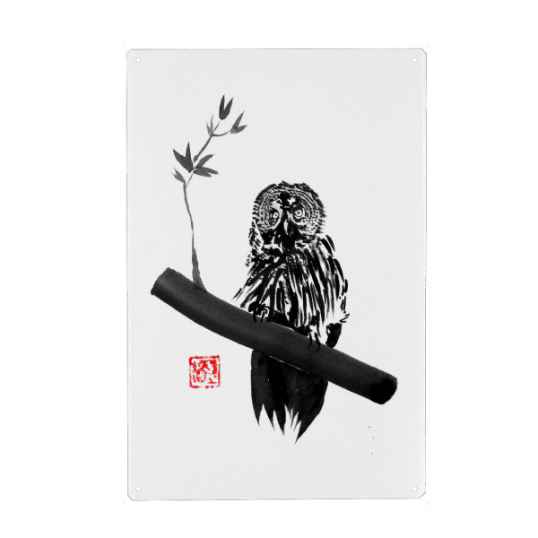 Metall Poster "Owl on the branch" artboxONE - Natur,Tiere - Owl,Sumie,Japan,Eule,Natur,Nature,Schwarzweiß,Blackandwhite - Blechschild