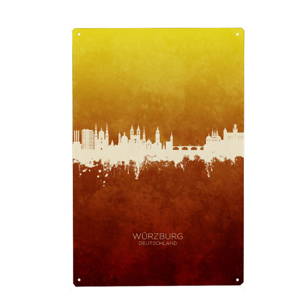 Holzbild "Würzburg Skyline RedYellow" artboxONE - Städte - Würzburg,Deutschland,Skyline,Cityscape,Stadtbild,Watercolor,Painting,Germany,City,Stadt