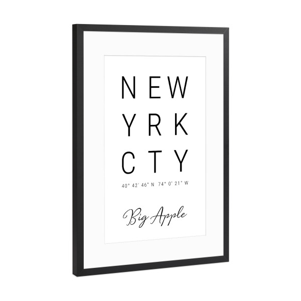 Poster mit Rahmen Schwarz (Metallic) "New York City | Big Apple" artboxONE - Städte,Städte / New York,Typografie,Reise,Schwarzweiß