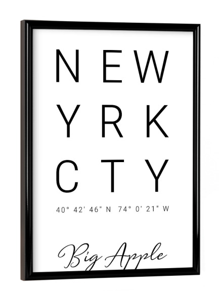Poster mit schwarzem Rahmen "New York City | Big Apple" artboxONE - Städte,Städte / New York,Typografie,Reise,Schwarzweiß