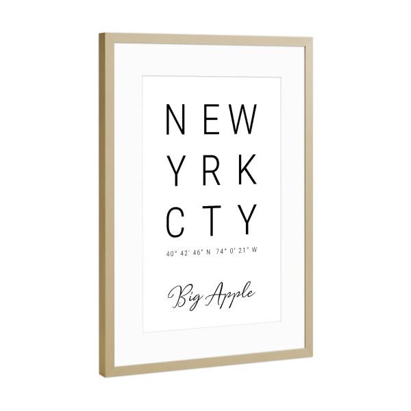 Poster mit Rahmen Gold "New York City | Big Apple" artboxONE - Städte,Städte / New York,Typografie,Reise,Schwarzweiß