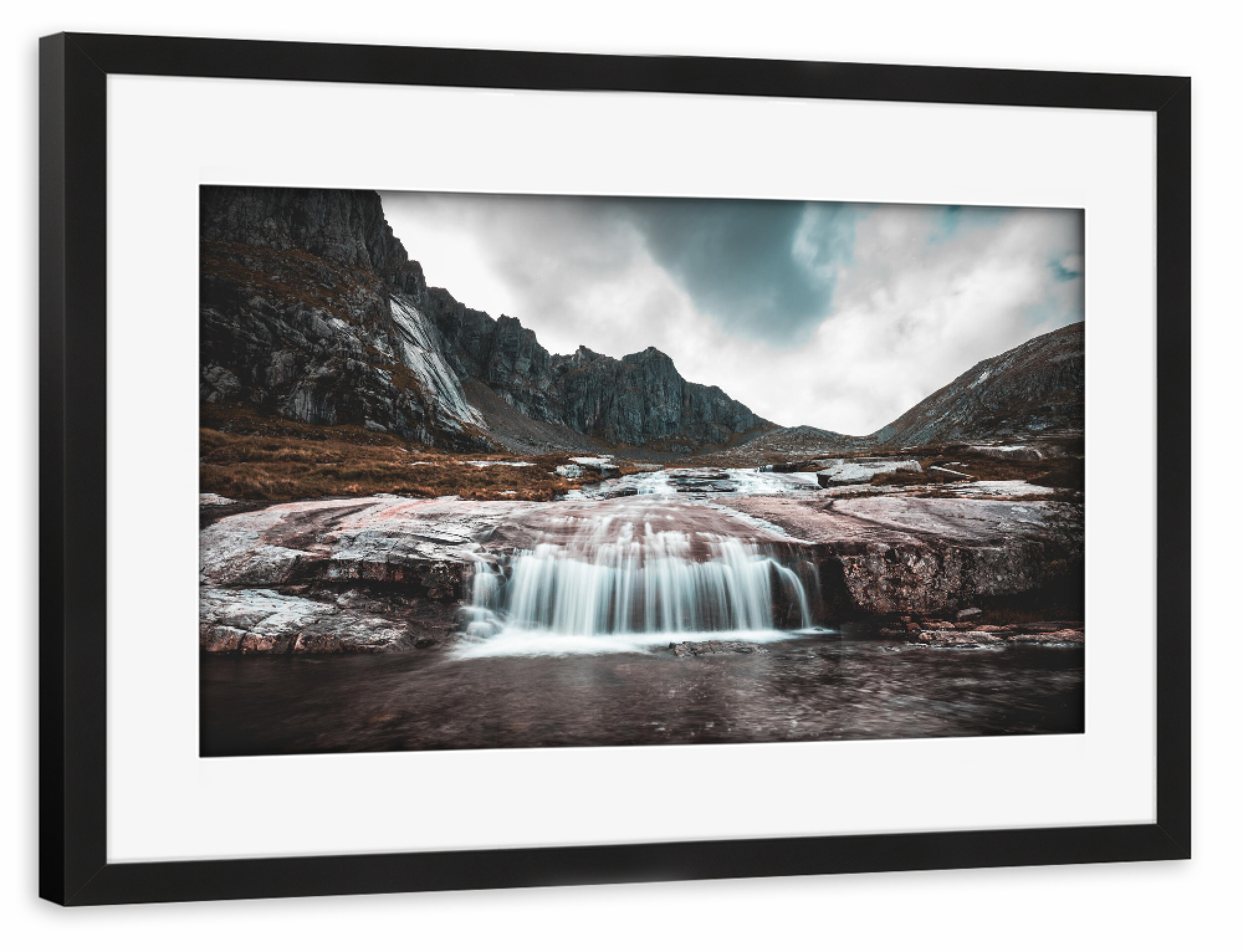 Poster mit Rahmen schwarz "Lofoten Wasserfall" artboxONE - Natur