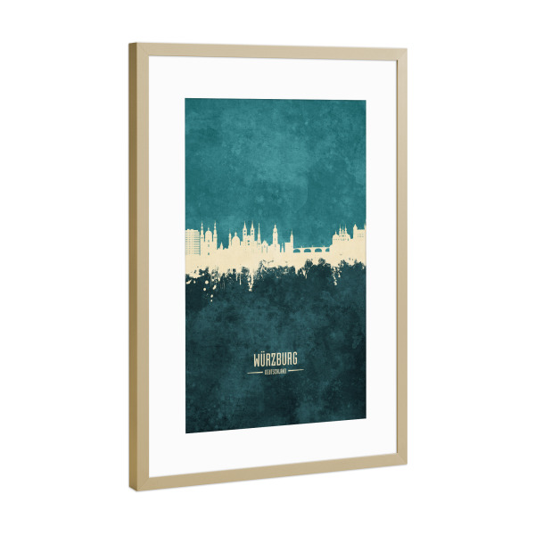 Poster mit Rahmen Gold "Würzburg Skyline Turquoise" artboxONE - Städte