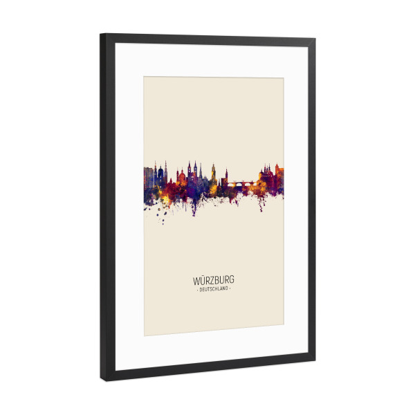 Poster mit Rahmen Schwarz (Metallic) "Würzburg Germany Skyline Beige" artboxONE - Städte