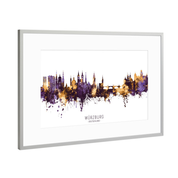 Poster mit Rahmen Silber "Würzburg Skyline PurpleGold" artboxONE - Städte