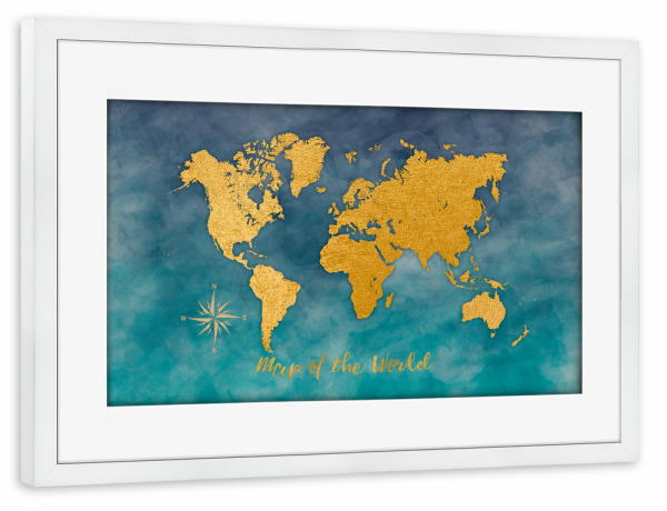 Poster mit Rahmen weiß "World map green gold" artboxONE - Reise,Kartografie