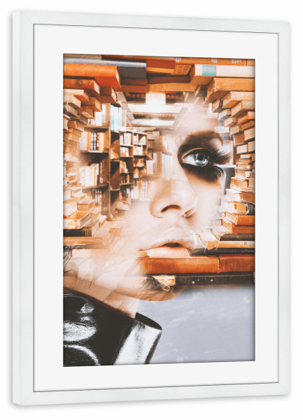 Poster mit Rahmen weiß "Girl in the library by Tas" artboxONE - Menschen,Architektur