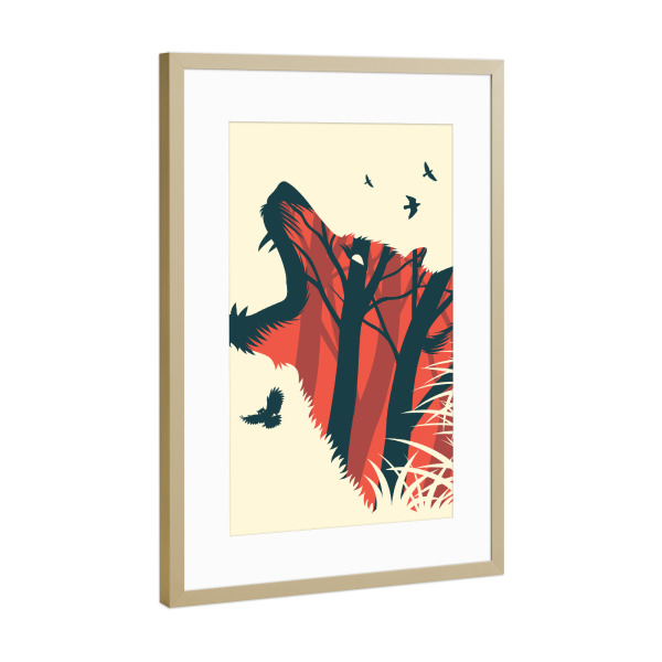 Poster mit Rahmen Gold "Orange Forest Wolf" artboxONE - Natur,Tiere,Abstrakt - Owl,Bird,Wolves,Forest,Nature,Wolf,Vögel,Birds,Eule,Natur