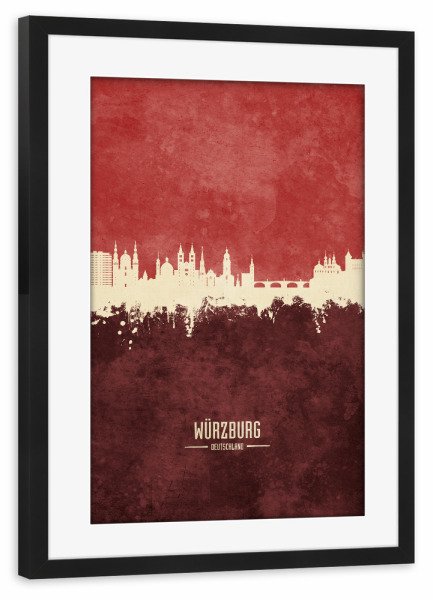 Poster mit Rahmen schwarz "Würzburg Skyline Dark Red" artboxONE - Städte