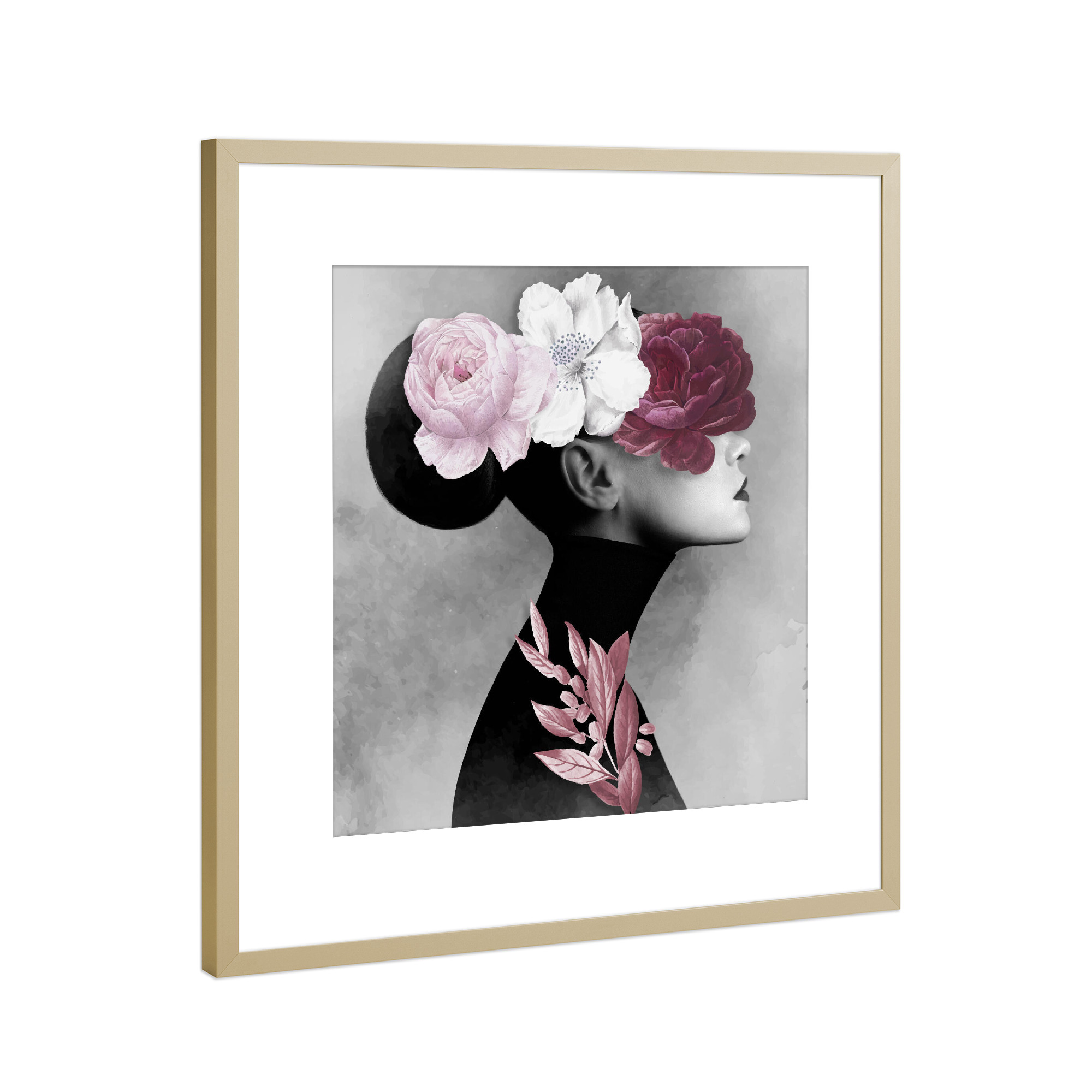 Poster mit Rahmen Gold "Flower Girl I" artboxONE - Floral,Menschen - Collage,Woman,Flower,Girl,Floral,Blumen,Pflanzen