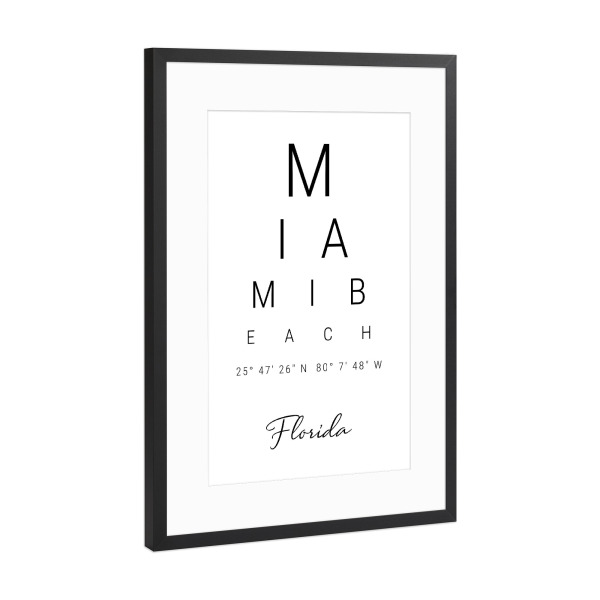 Poster mit Rahmen Schwarz (Metallic) "Miami Beach | Florida" artboxONE - Städte,Typografie,Schwarzweiß,Reise / Strand und Meer