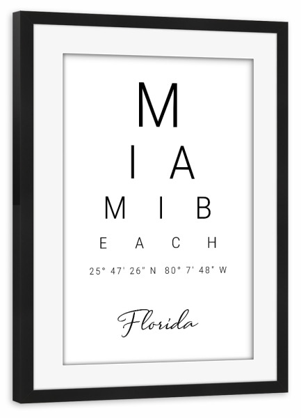 Poster mit Rahmen schwarz "Miami Beach | Florida" artboxONE - Städte,Typografie,Schwarzweiß,Reise / Strand und Meer