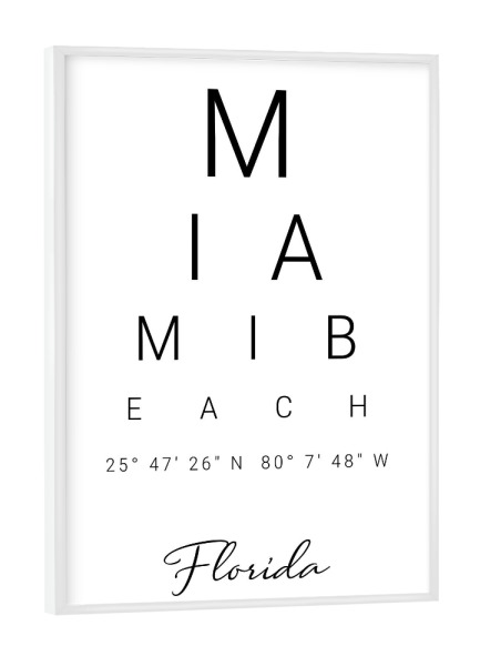 Poster mit weißem Rahmen "Miami Beach | Florida" artboxONE - Städte,Typografie,Schwarzweiß,Reise / Strand und Meer