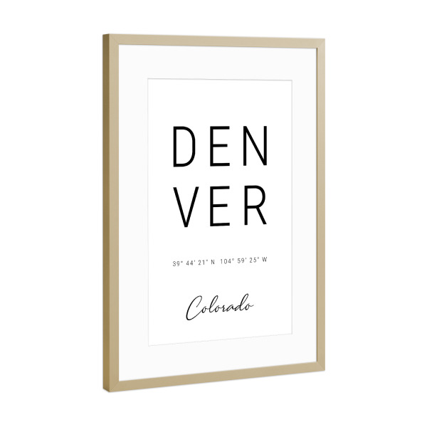Poster mit Rahmen Gold "Denver | Colorado" artboxONE - Städte,Typografie,Reise,Schwarzweiß,Städte / Weitere