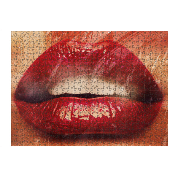 Puzzle Ravensburger "Rainy Window Tas" artboxONE - Menschen - Rot,Mund,Mouth,Tooth,Makeup,Zähne,Zahn,Red,Lips,Lipstick,Rainy,Rainyday,Cold,Lippen,Sesy
