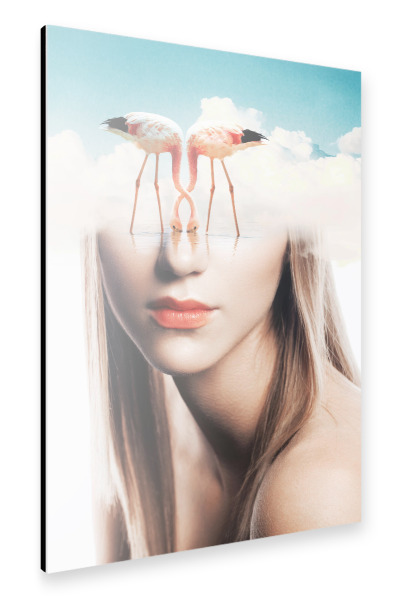 Alu-Dibond "Woman and pink flamingos" 30x20 cm artboxONE