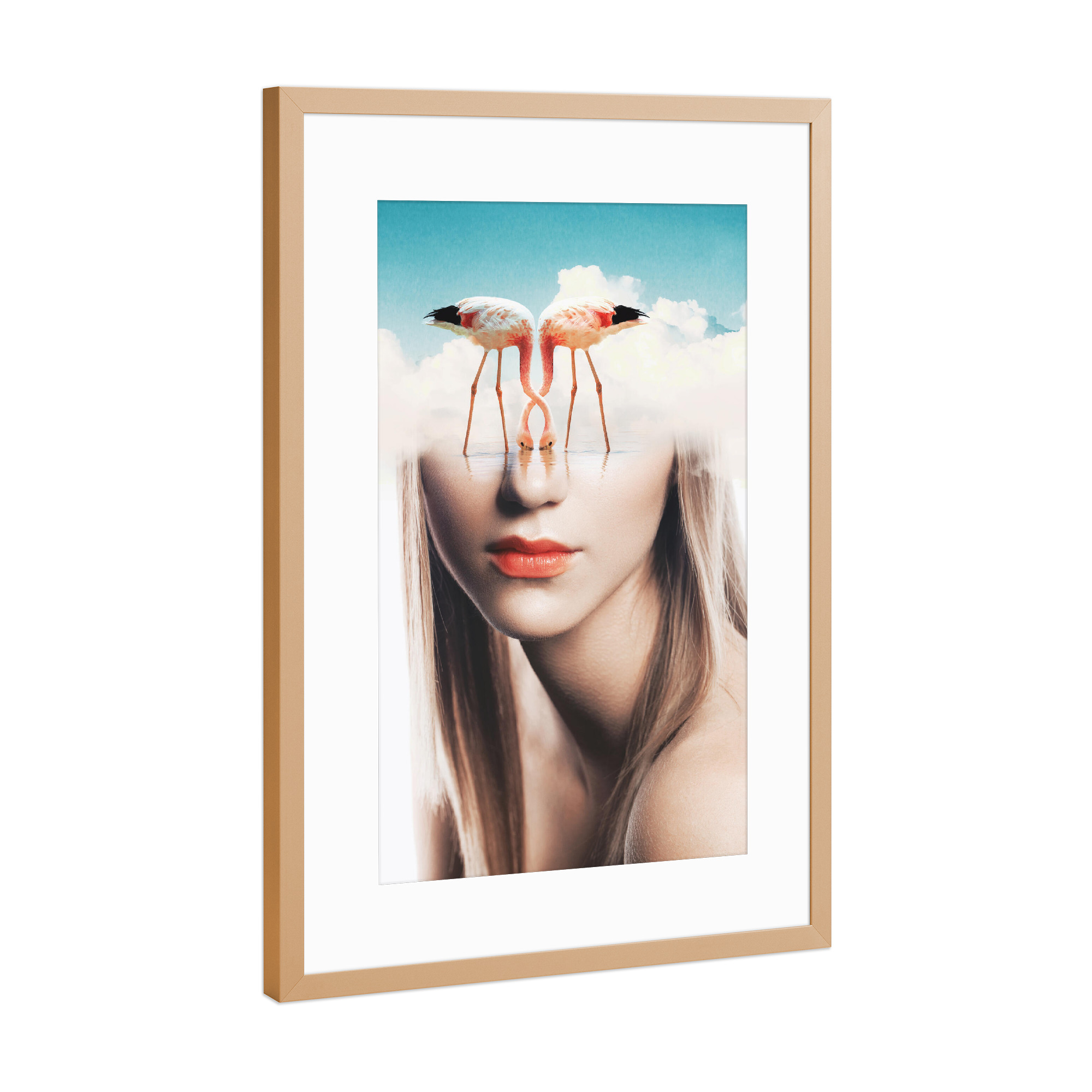 Poster mit Rahmen Kupfer "Woman and pink flamingos" artboxONE - Natur,Tiere,Menschen