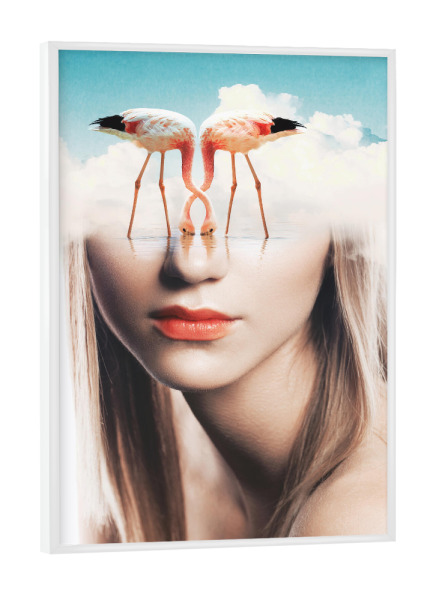 Poster mit weißem Rahmen "Woman and pink flamingos" artboxONE - Natur,Tiere,Menschen