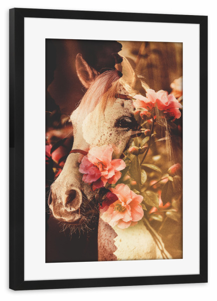 Poster mit Rahmen schwarz "Floral horse I" artboxONE - Natur,Floral,Tiere