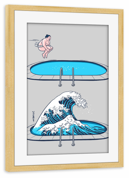 Poster mit Rahmen kiefer "Sumo Wave" artboxONE - Menschen,Städte / Tokio - Sumo,Wave,Tsunami,Japan,Asia,Parody,Gag,Humor,Summer,Wellen,Wasser,Water