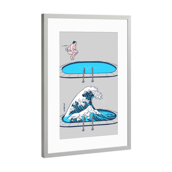 Poster mit Rahmen Silber "Sumo Wave" artboxONE - Menschen,Städte / Tokio - Sumo,Wave,Tsunami,Japan,Asia,Parody,Gag,Humor,Summer,Wellen,Wasser,Water