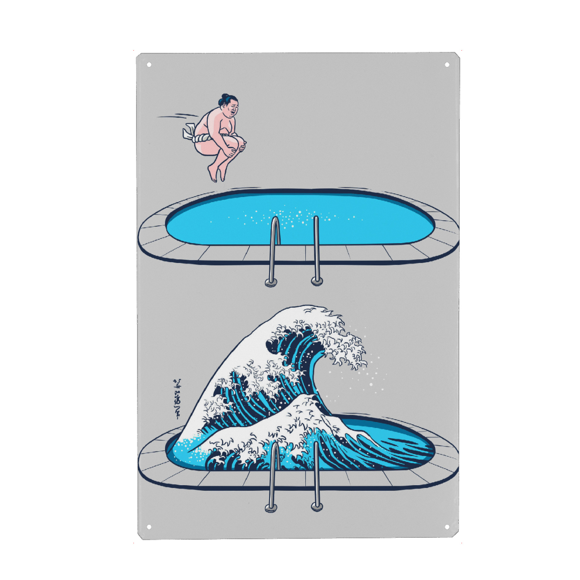 Metall Poster "Sumo Wave" artboxONE - Menschen,Städte / Tokio - Sumo,Wave,Tsunami,Japan,Asia,Parody,Gag,Humor,Summer,Wellen,Wasser,Water