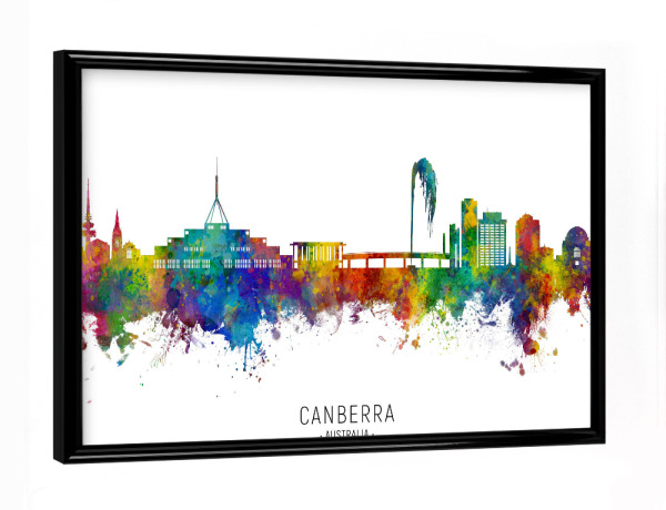 Poster mit schwarzem Rahmen "Canberra Australia Skyline txt" artboxONE - Städte