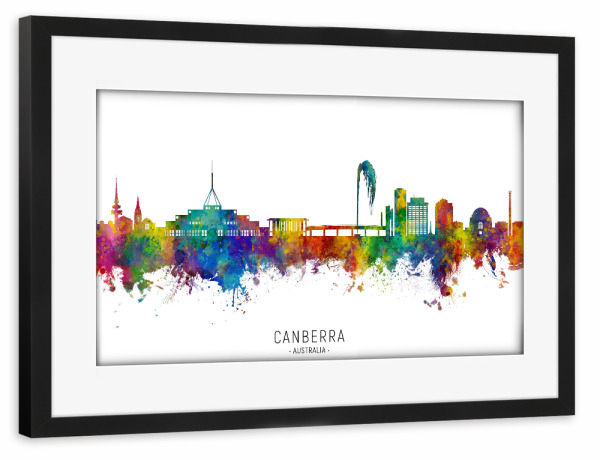 Poster mit Rahmen schwarz "Canberra Australia Skyline txt" artboxONE - Städte
