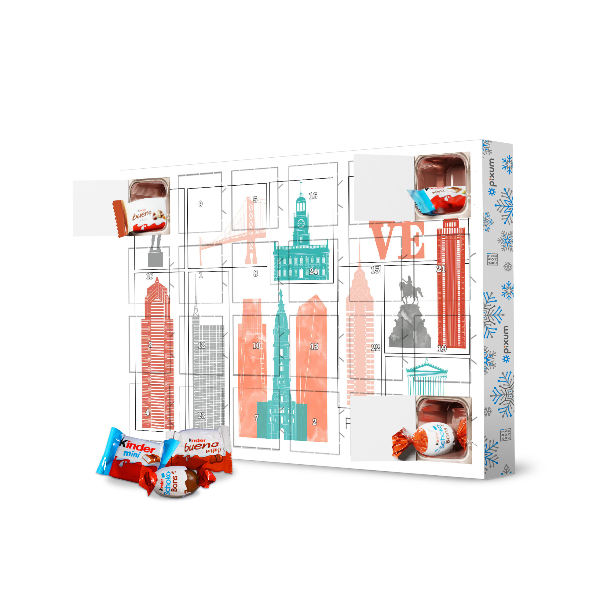 Adventskalender mit Produkten von Kinder Philadelphia skyline coral artboxONE Adventskalender Städte