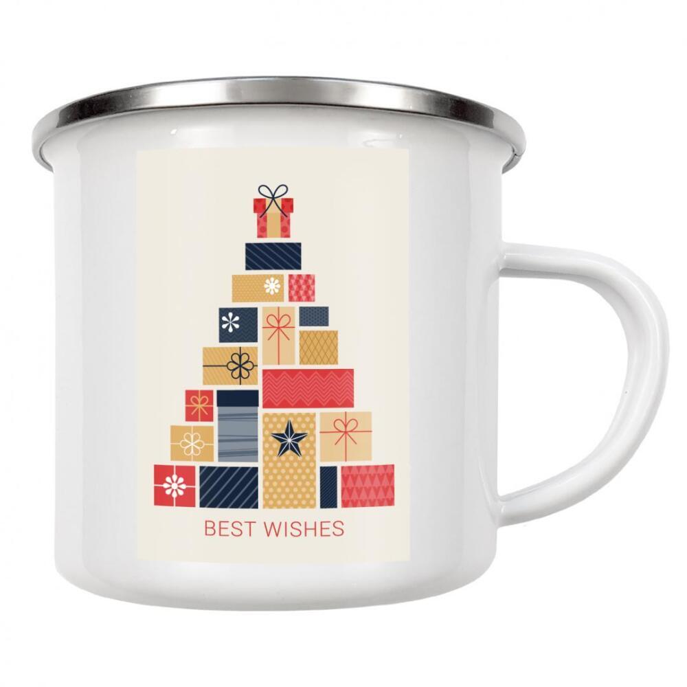 Emaille Tasse "Best wishes - Geschenketurm" artboxONE - Typografie,Weihnachten - Weihnachten,Illustration,Bunt,Geschenke