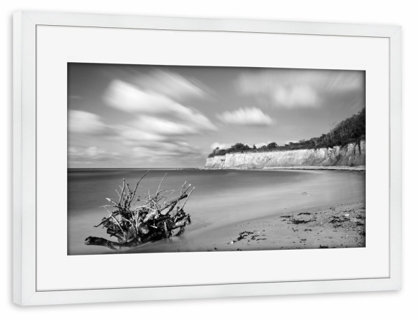 Poster mit Rahmen weiß "Wurzel am Strand" artboxONE - Natur,Schwarzweiß,Reise / Strand und Meer