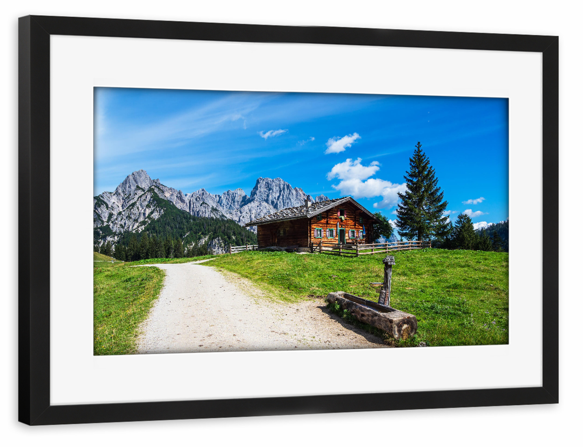 Poster mit Rahmen schwarz "Litzlalm mit Hütte in Österreich" artboxONE - Natur,Reise