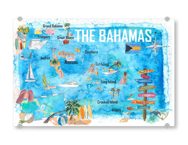 Acrylglasbild "Bahamas illustrierte Karte" artboxONE - Reise,Reise / Strand und Meer,Kartografie
