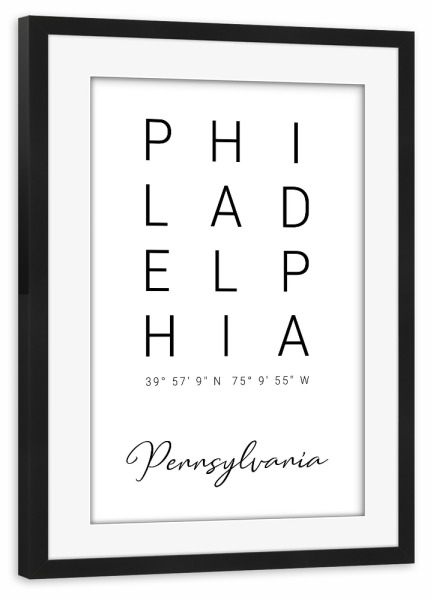 Poster mit Rahmen schwarz "Philadelphia | Pennsylvania" artboxONE - Städte,Typografie,Reise,Schwarzweiß,Städte / Weitere