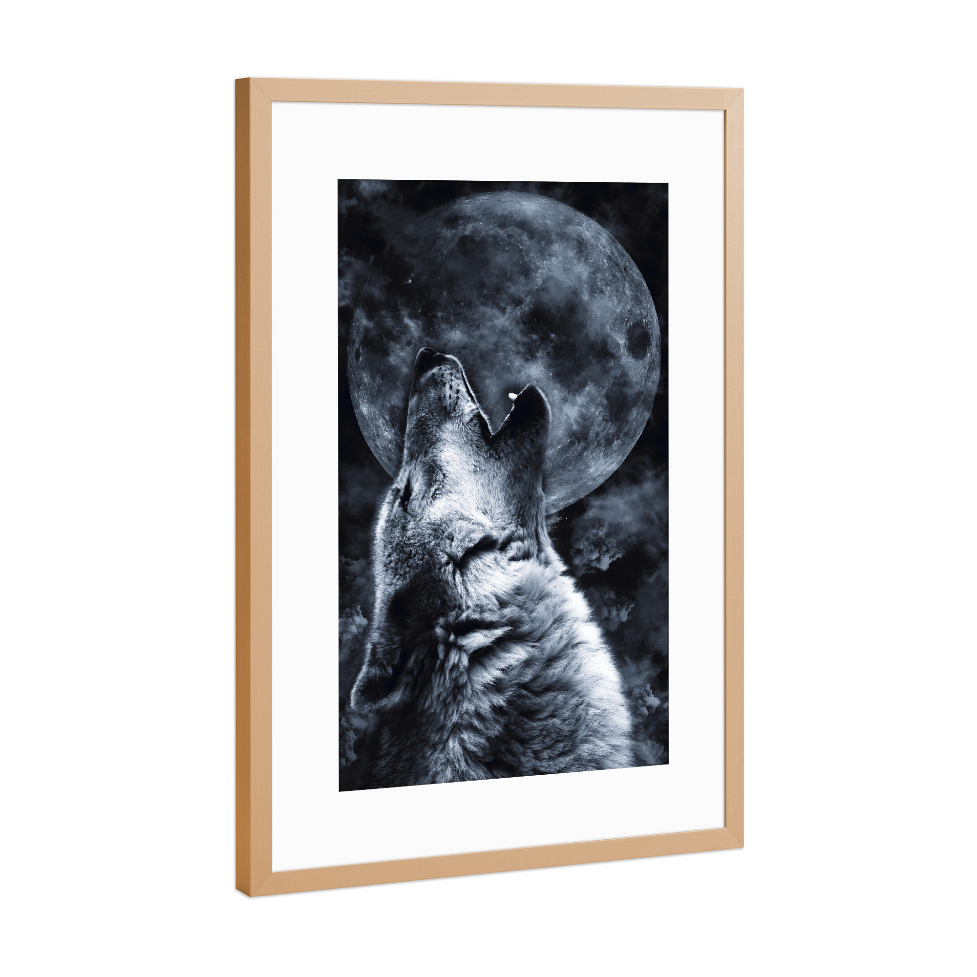 Poster mit Rahmen Kupfer "Wolf heult den Mond an" artboxONE - Natur,Tiere - Wolves,Animal,Wild,Tier,Wolf,Mond,Moon,Natur,Nature,Collage,Portrait