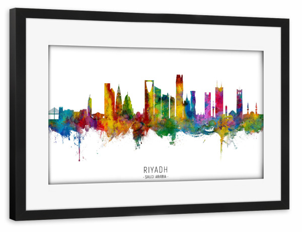 Poster mit Rahmen schwarz "Riyadh Saudi Arabia Skyline txt" artboxONE - Städte