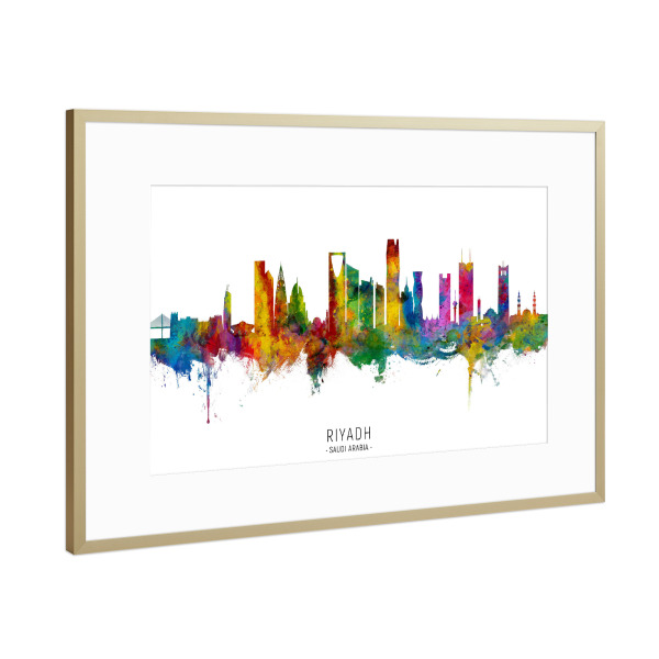 Poster mit Rahmen Gold "Riyadh Saudi Arabia Skyline txt" artboxONE - Städte