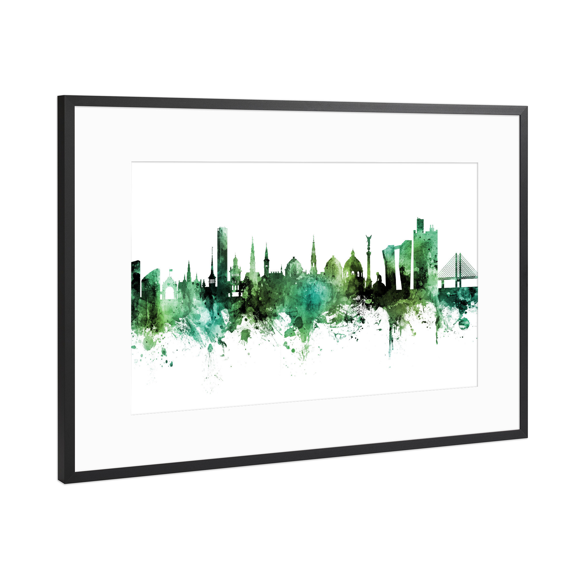 Poster mit Rahmen Schwarz (Metallic) "Copenhagen Denmark Skyline Green" artboxONE - Städte,Städte / København