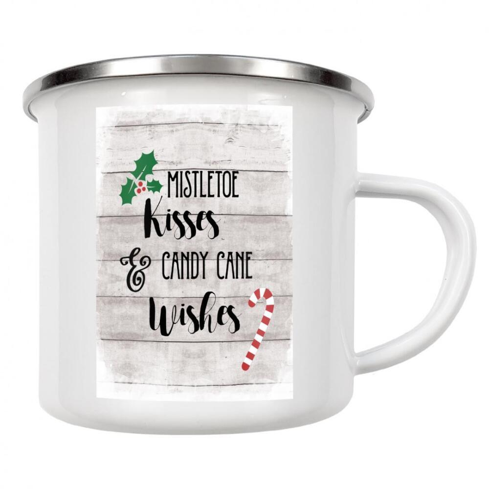 Emaille Tasse "Mistel und Zuckerstange" artboxONE - Typografie,Weihnachten - Mistel,Küsse,Zuckerstange,Wünsche,Weihnachten,Feiertag